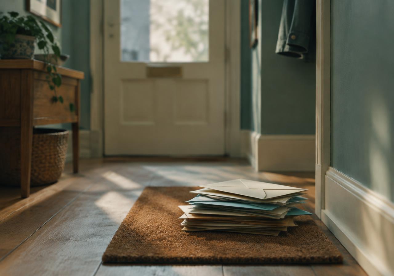 Unopened letters on a hallway doormat